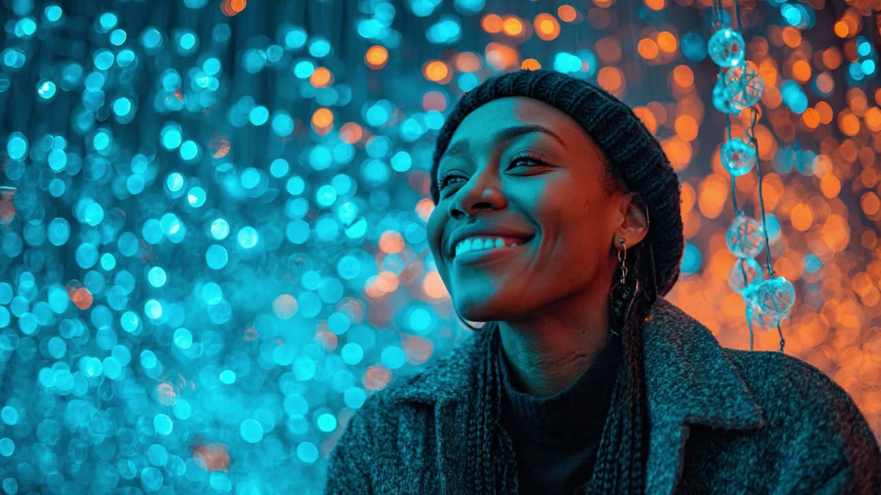 A woman smiles radiantly, surrounded by vibrant, glowing lights, creating a warm and inviting atmosphere that highlights her joy and confidence