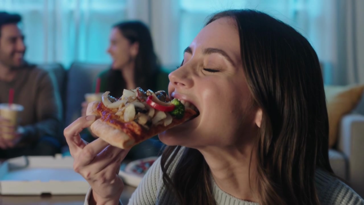 Lifting pizza slice, woman in light ribbed sweater at home bringing it to mouth, sampling toppings