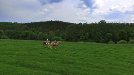 happy couple riding horses by the green meadow. leisure time spending in the nature in summer.