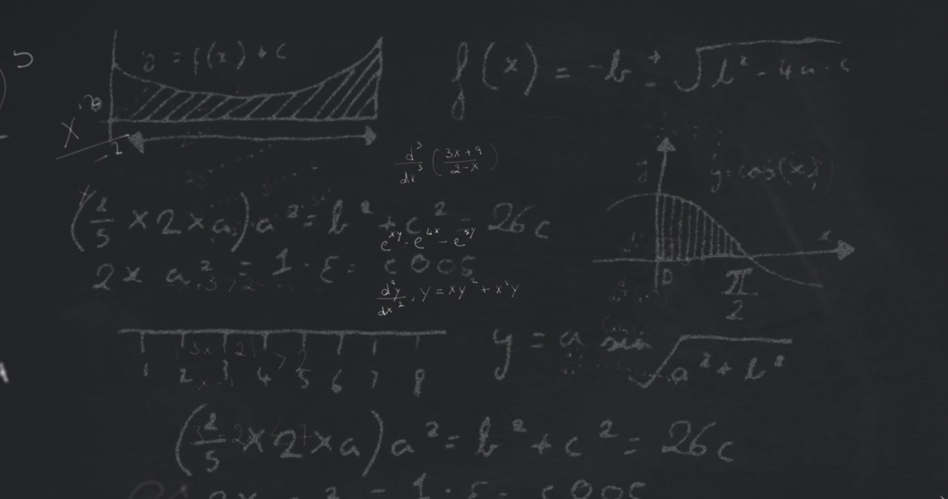 Animation of mathematical formulae over black background