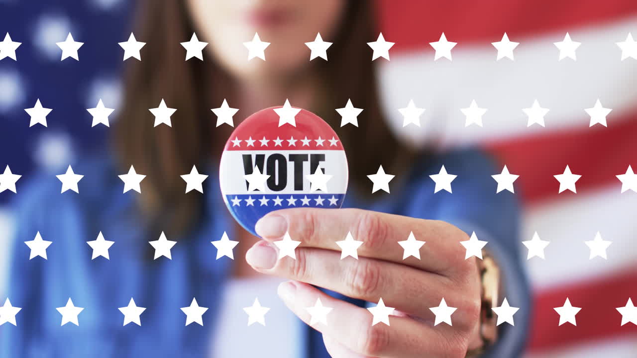 Animation of stars over caucasian woman holding badge with vote text