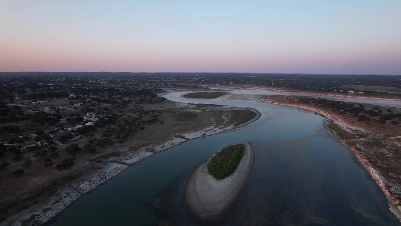 Aerial view of Canyon Lake during a drought, low water levels in the Texas Hill Country