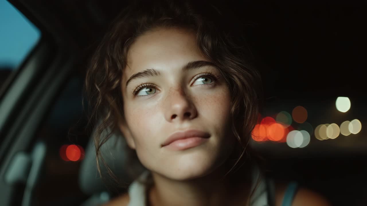 Portrait of a woman in a car at night
