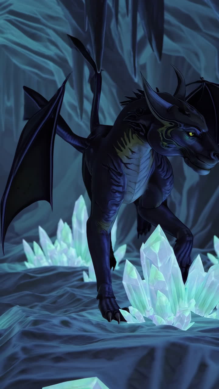 Dark Dragon in a Cave with Crystals