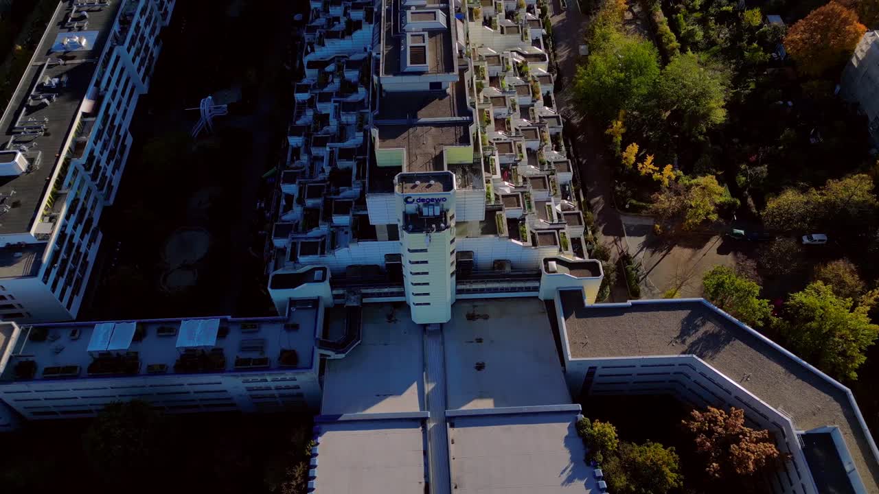 gettow poor slum residential buildings Snake highway route Tunnel House and parks in the Charlottenburg Wilmersdorf district. Beautiful aerial view flight tilt up drone