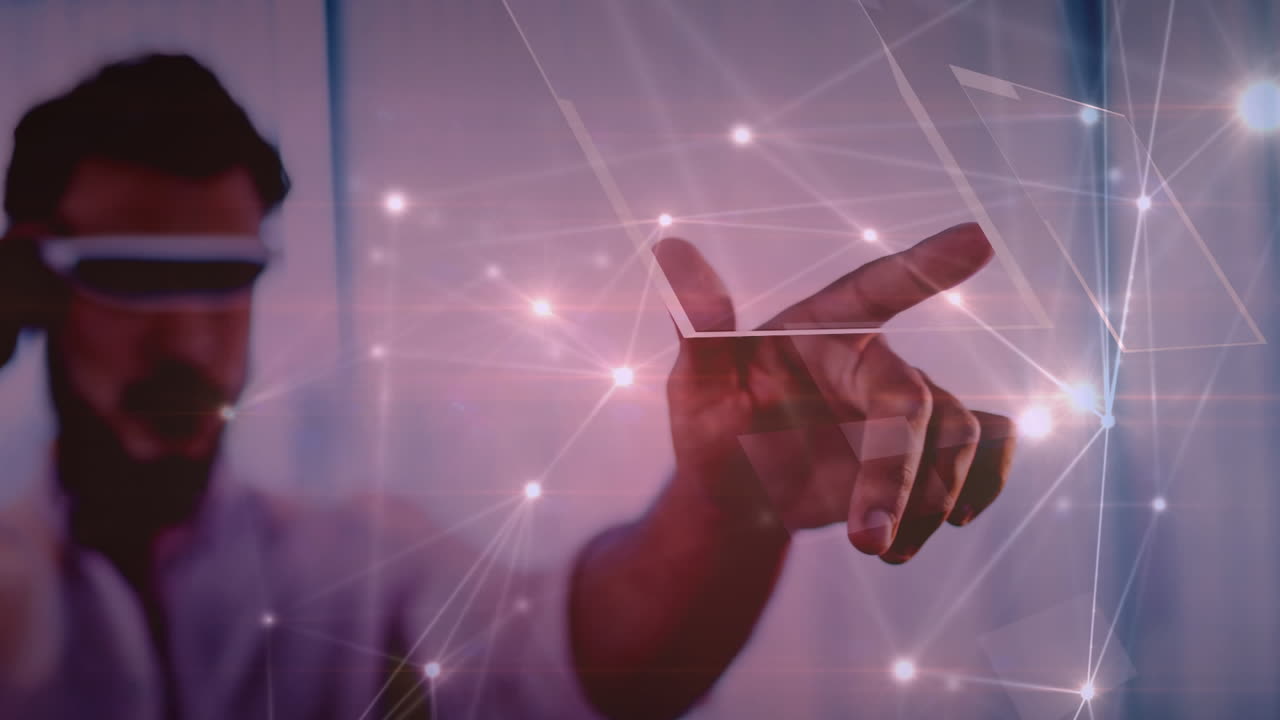animación de una red de conexiones digitales sobre un hombre de negocios con auriculares vr