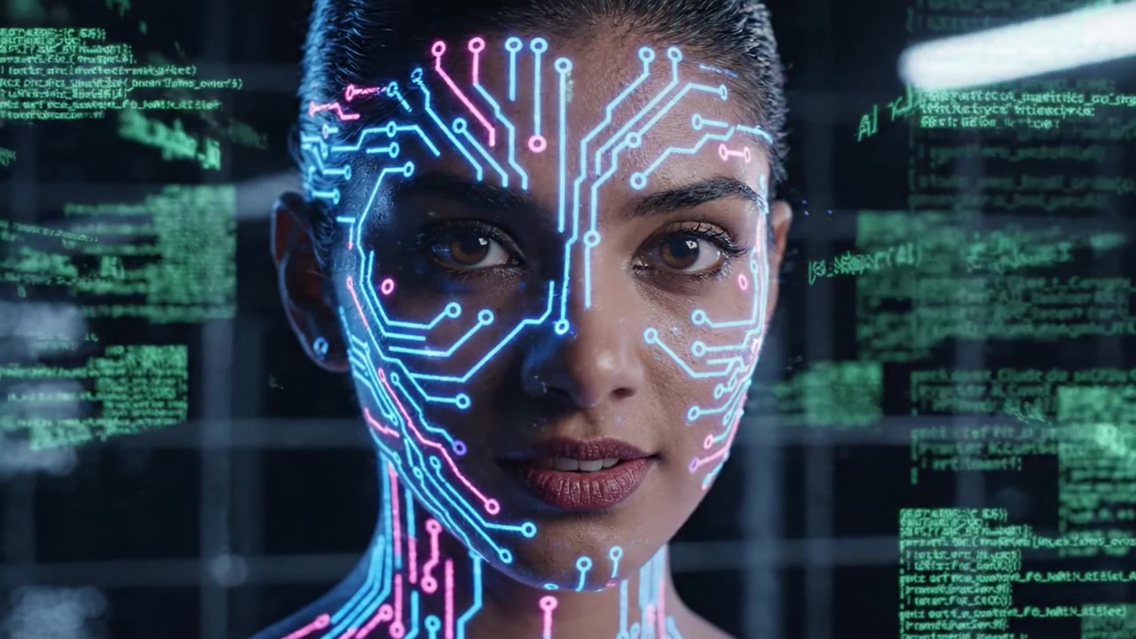 Explorando a Fusão entre Humano e Tecnologia: Uma Vista em Close-Up de um Rosto Feminino com Padrões de Circuitos Digitais e Código Projetados em Sua Pele.