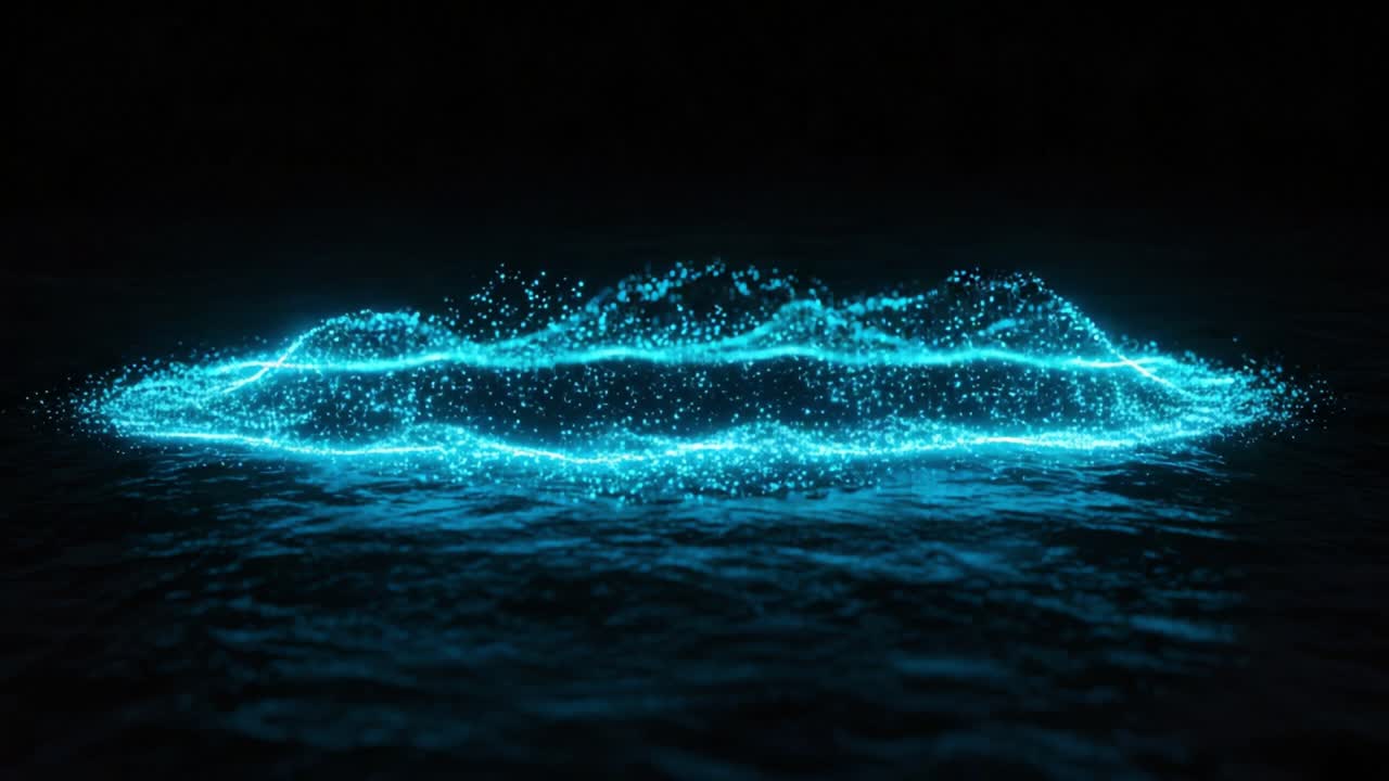 A mesmerizing visual display of shimmering blue particles creating a captivating circle of light on the surface of dark water, enhancing the serene atmosphere of the scene