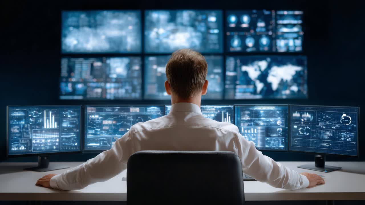 A Focused Individual Analyzing Complex Data Across Multiple Monitors in a Dark, High-Tech Environment, Utilizing Advanced Visual Displays for Strategic Insights