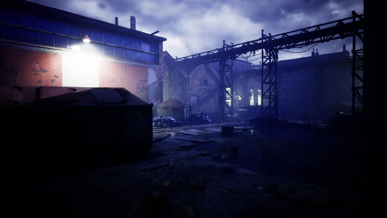 Eerie urban landscape at dusk with glowing light illuminating the ruins