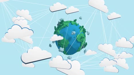 animación de una red de nubes blancas sobre el globo sobre un fondo azul