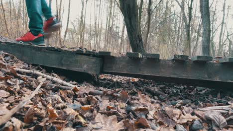 Person-walks-across-old-wooden-bridge-in-slow-motion