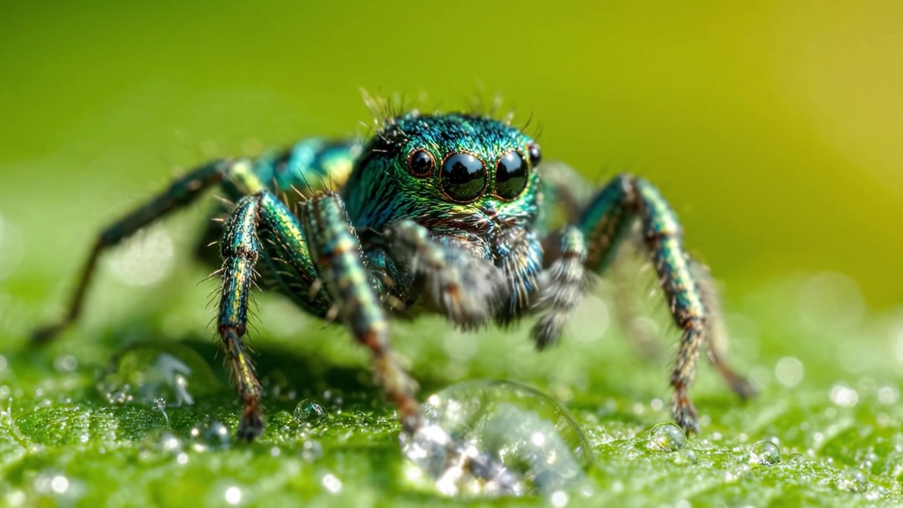 Close-Up Exploration of a Brightly Colored Jumping Spider on a Dewy Leaf, Revealing Intricate Details and Vibrant Hues in Nature's Microcosm