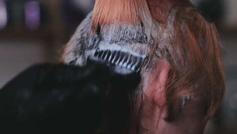 teñir el pelo largo de una chica con un cepillo y teñir por un peluquero profesional en un estudio de pelo