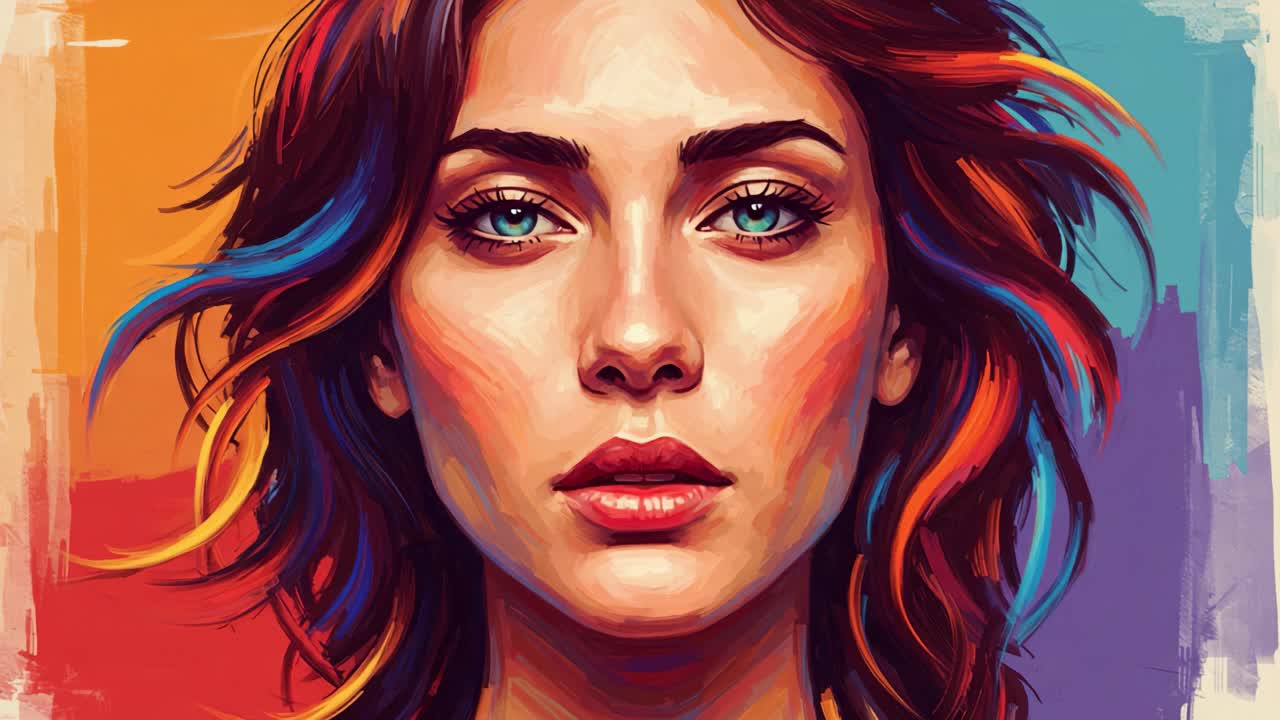Uno splendido ritratto di una donna con capelli vivaci e colorati, che mostra lineamenti espressivi e occhi accattivanti su uno sfondo artistico che irradia personalità ed estro creativo