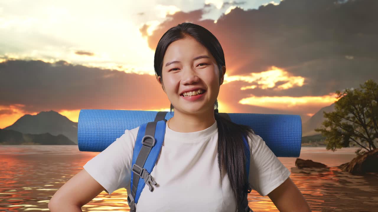 해가 지는 동안 산책하는 행복한 여자