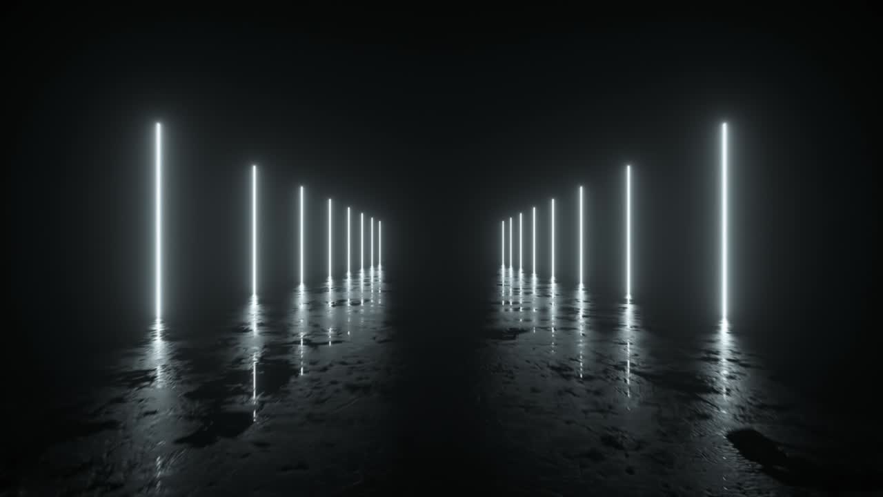 Futuristic sci fi bacgkround. White neon lights glowing in a room with concrete floor with reflections of empty space. Alien, Spaceship, Future, Arch. Progress. 3D animation of seamless loop.