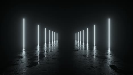 futuristic sci fi bacgkround. white neon lights glowing in a room with concrete floor with reflections of empty space. alien, spaceship, future, arch. progress. 3d animation of seamless loop.