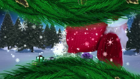animación de nieve y santa claus con una bolsa de regalos sobre el árbol de navidad y el paisaje de invierno