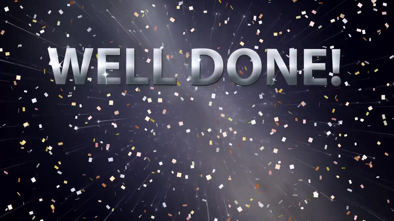 Metallic silver Well Done text centers over drifting stars and gold confetti in space.