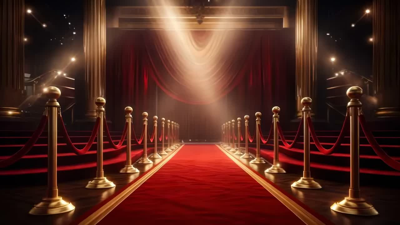 A luxurious theater entrance with red carpet and golden stanchions, captured from a low angle