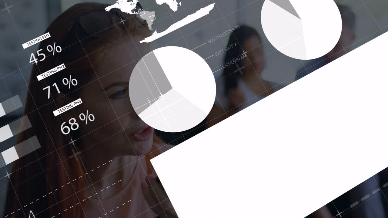 Animation of abstract data visualization with percentages and world map in school