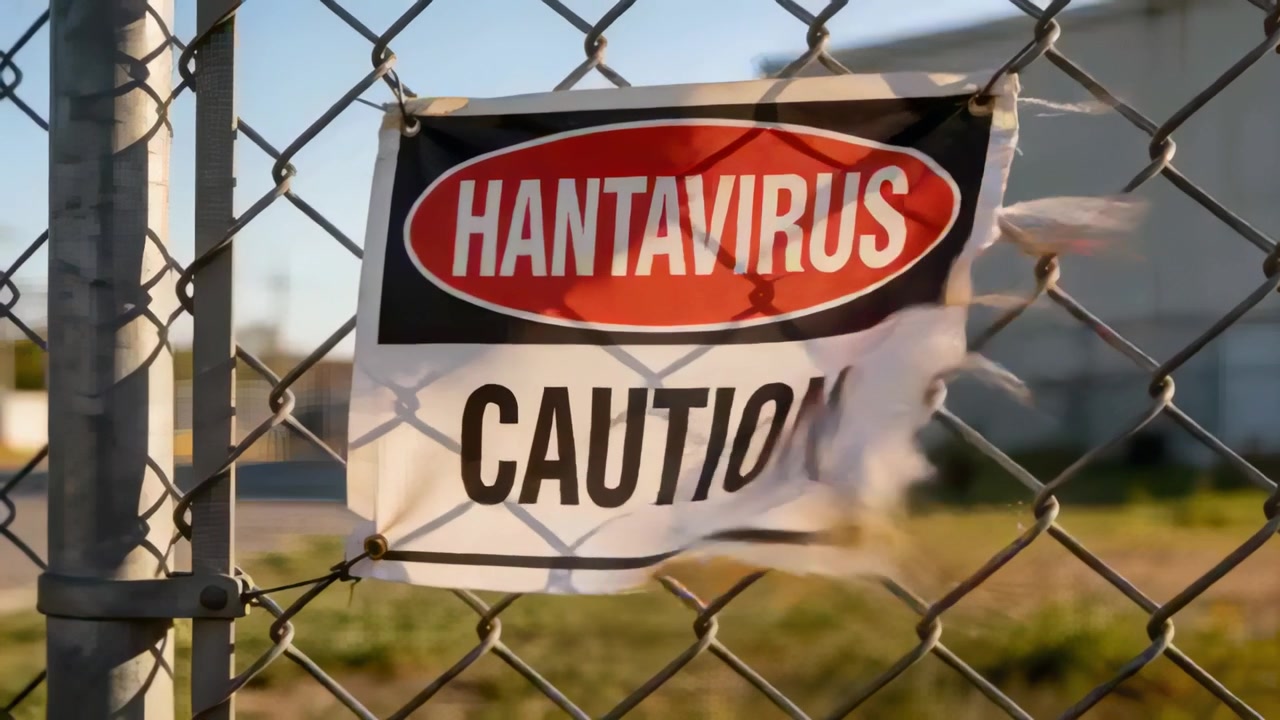 Lifting by breeze, HANTAVIRUS CAUTION sign peeling from grommets on chain-link fence, grassy lot