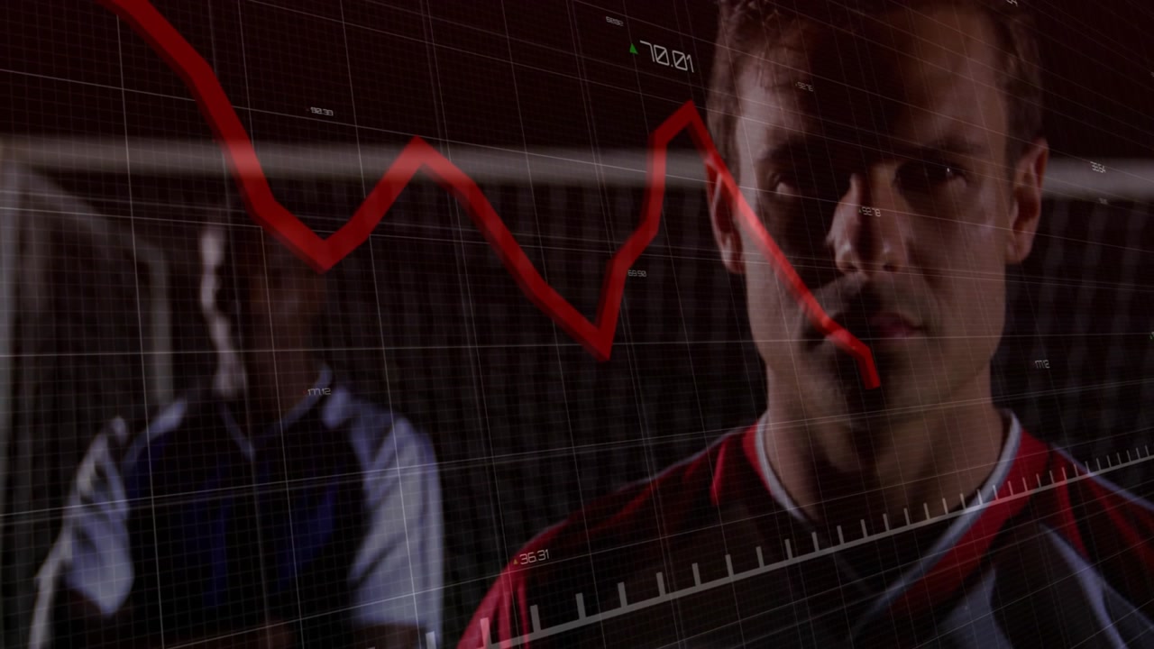 Stock market graph animation over soccer players holding ball on field