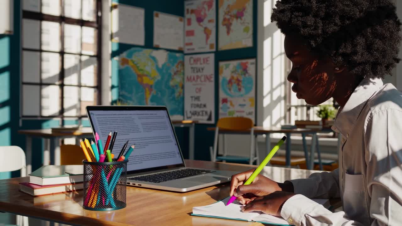 Side angle video of a student writing in a classroom, with a laptop and colorful pens on the desk