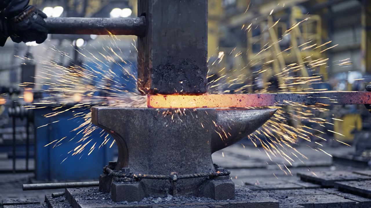 Trasformazione del Metallo Fuso: Catturando l'arte della forgiatura in un'officina con incudine, martello e scintille ardenti che brillano in un ambiente industriale dinamico.