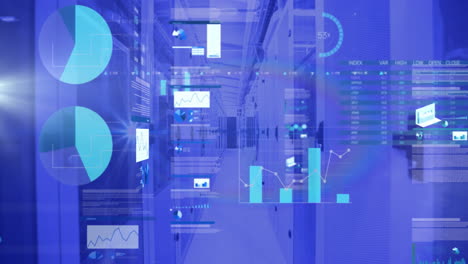 Animation of digital graphs and data analytics overlaying server room environment