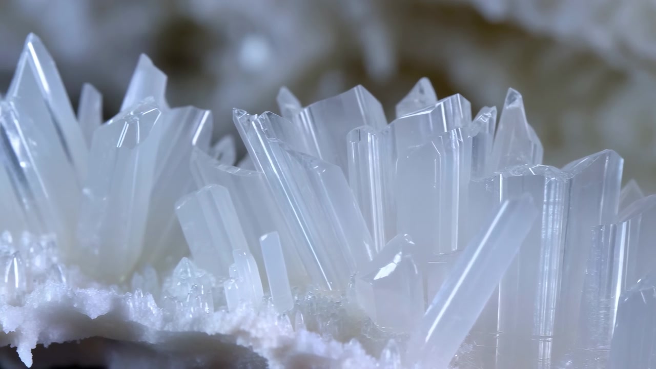 Aglomerado de cristais prismáticos brancos translúcidos emergindo de uma matriz granular áspera, visto de uma perspectiva baixa com iluminação suave e fria, formas verticais nítidas, facetas reflexivas, fundo neutro, sereno