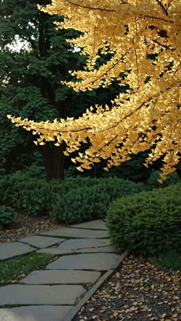 a serene garden path with golden leaves overhead, captured from a low angle