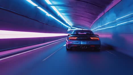 sports car speeding through a neon-lit tunnel