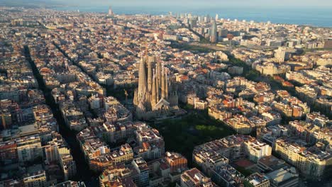 barcelona skyline and sagrada familia cathedral at sunset. catalonia, spain