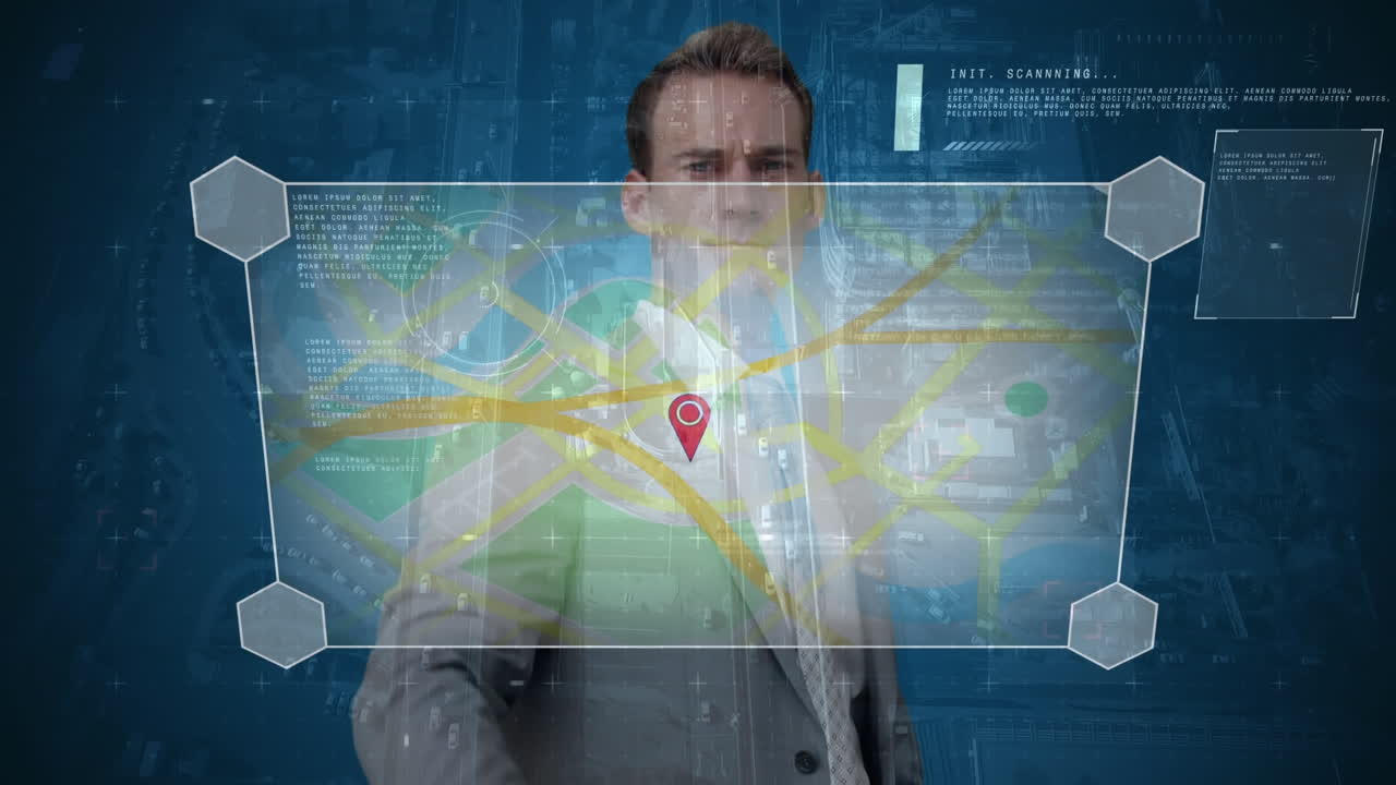 hombre de negocios usando mapas contra la ciudad