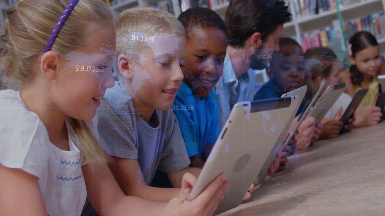 Animation of data processing over diverse schoolchildren and teacher using tablets in classroom
