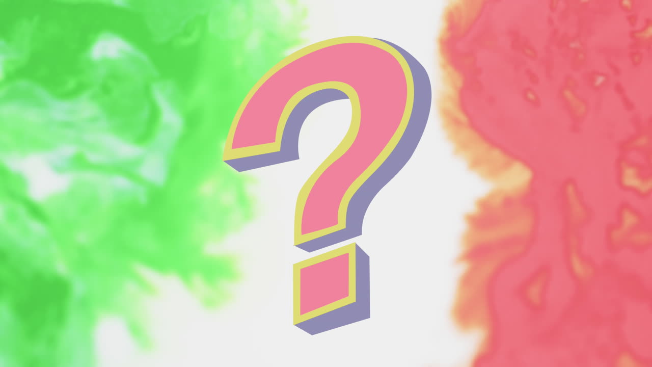 animación de formas en movimiento y signo de interrogación en fondo blanco