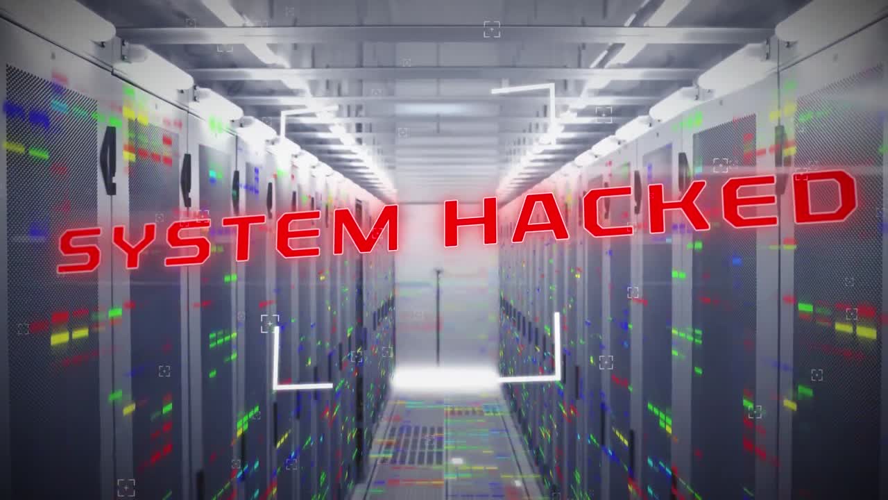 Animation of scope scanning over system hacked text and mosaic squares against server room