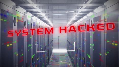 animación de escaneo de alcance sobre el sistema texto hackeado y cuadrados de mosaico contra la sala del servidor