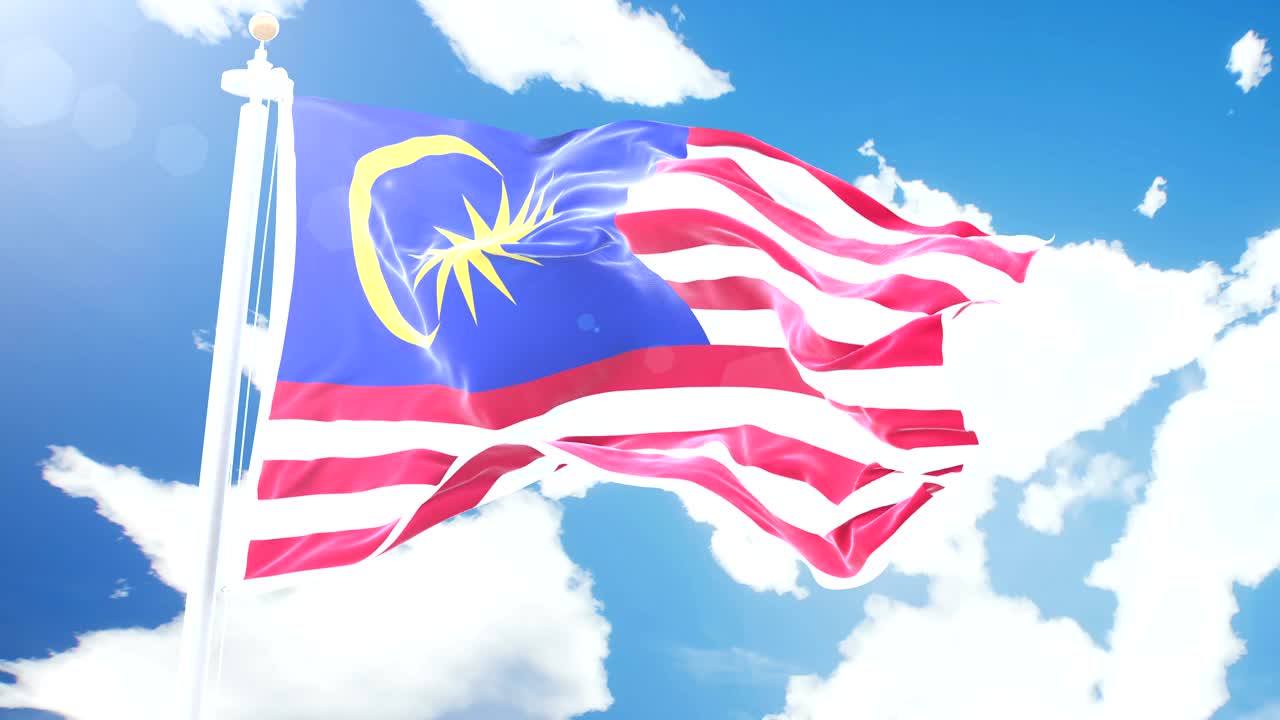 Realistic flag of Malaysia waving against time-lapse clouds background. Seamless loop in 4K resolution with detailed fabric texture.