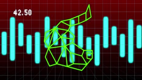 animación de gráficos y símbolo de toro sobre fondo rojo oscuro