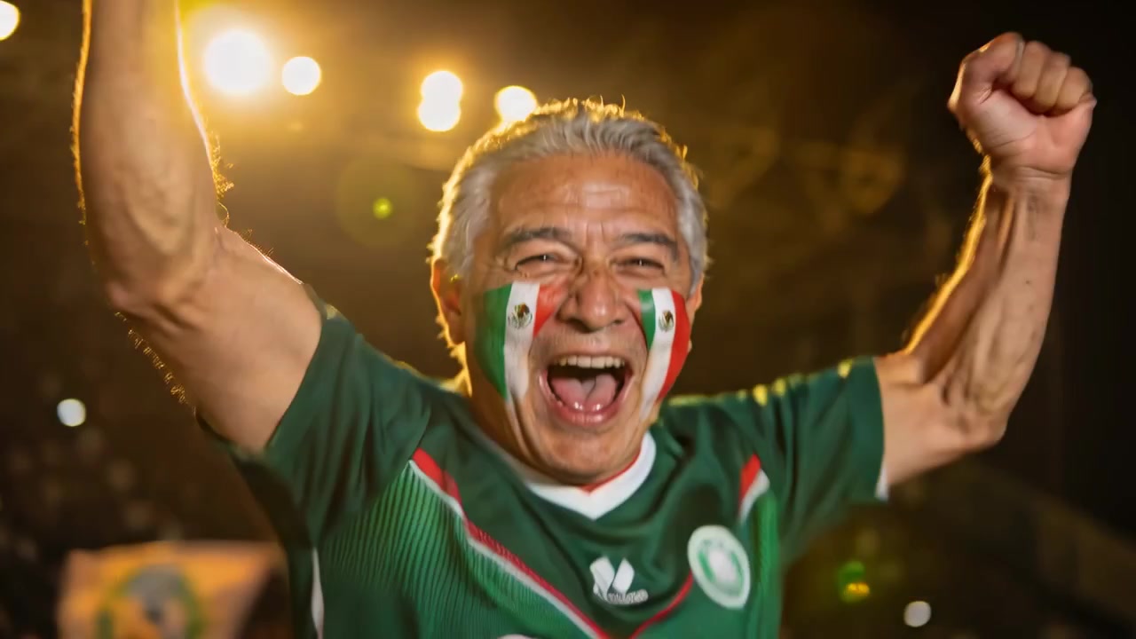 Tifoso esultante che alza i pugni a una partita notturna dopo un gol, indossando una maglia verde e con il viso dipinto con la bandiera messicana.