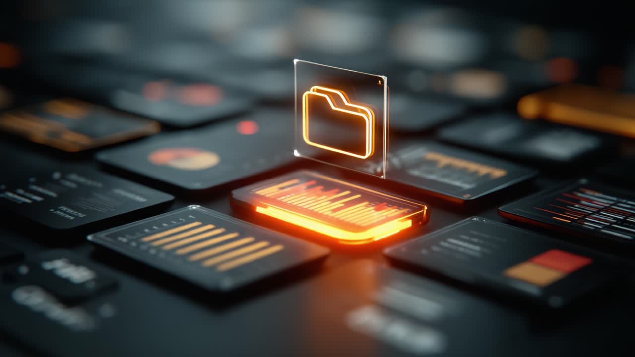 Dynamic Digital Interface Showcasing Interactive File Management and Visualization Tools with Glowing Elements on a Dark Keyboard Background