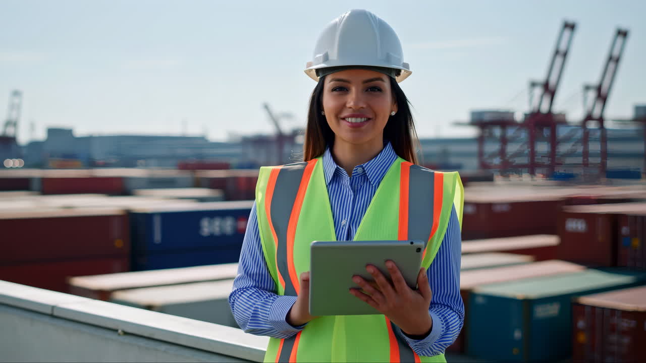 Giovane ingegnera che usa un tablet al porto mercantile