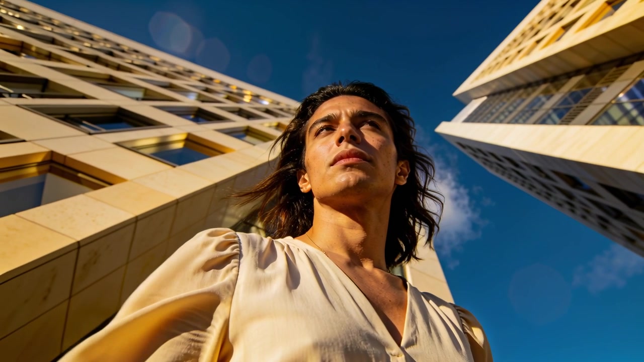 Uomo in piedi in posa tra alti edifici per uno scatto drammatico, con la brezza che solleva le maniche a sbuffo.