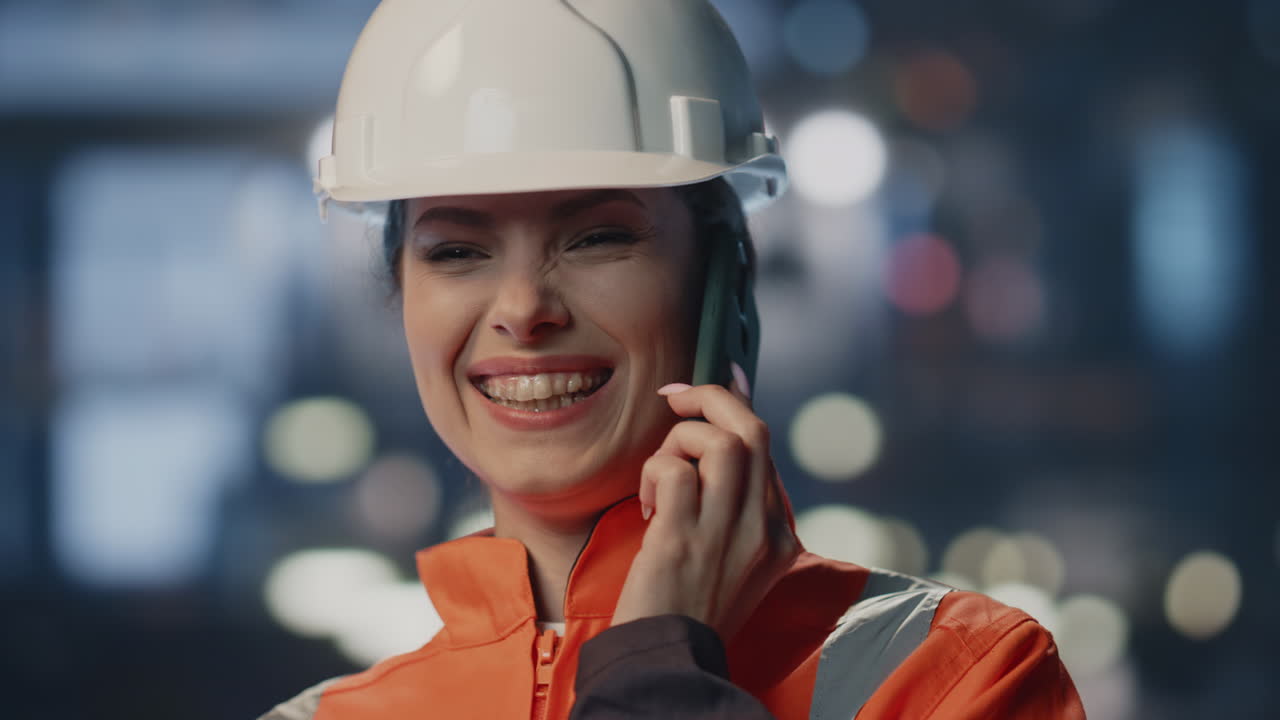 ingeniero sonriente llamando al taller de fabricación de cerca. especialista alegre