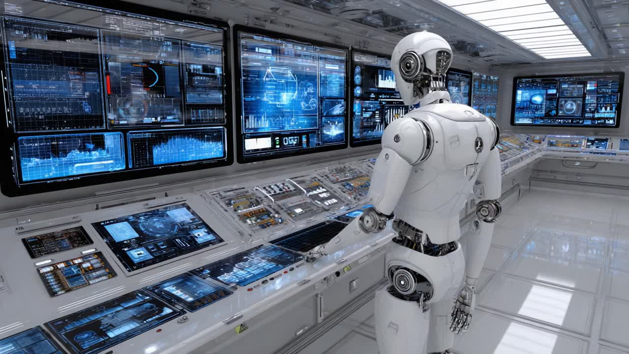 An Advanced Robotic Entity Operating Control Panels in a High-Tech Command Center, Surrounded by Multiple Interactive Displays and Futuristic Interfaces
