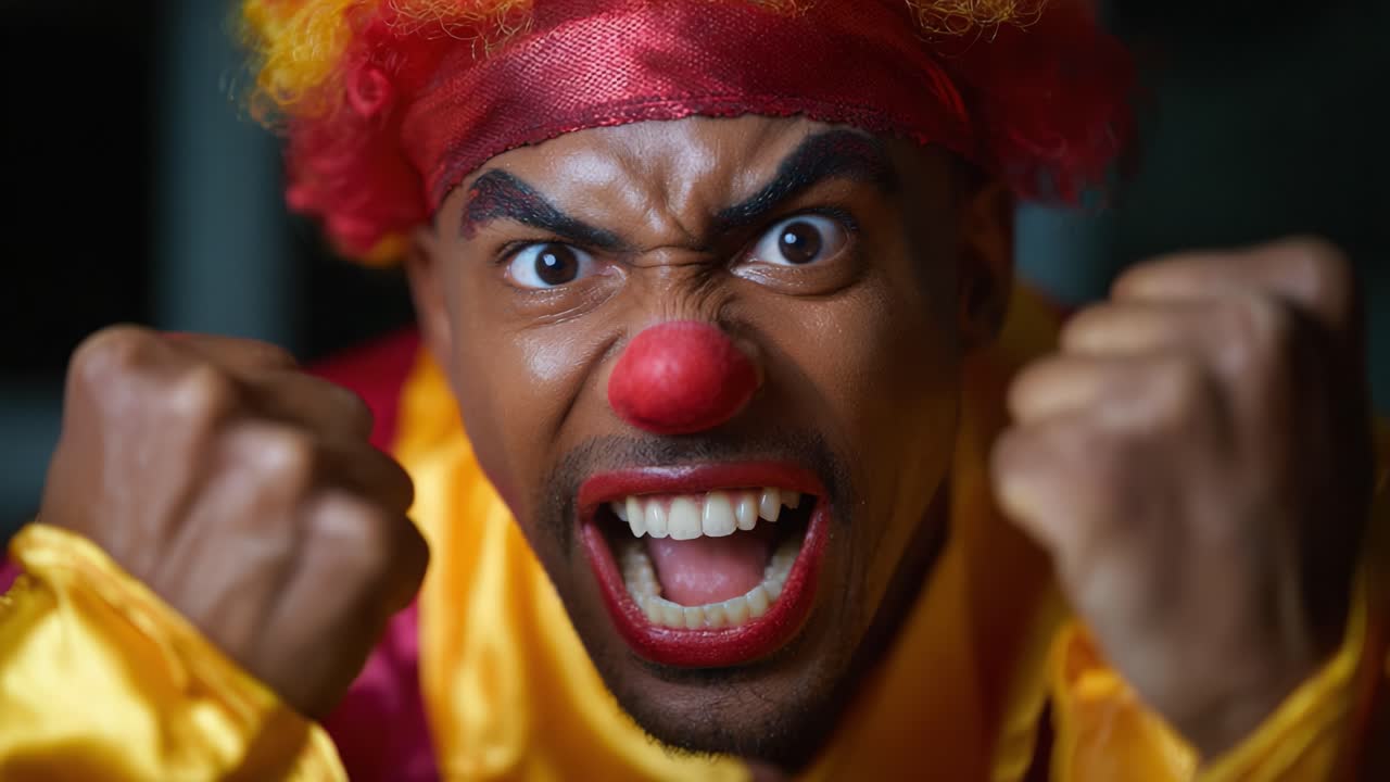 Intense Clown Expressing Anger and Frustration: An Up-Close Portrait Capturing the Raw Emotion of a Performer in Full Makeup and Costume