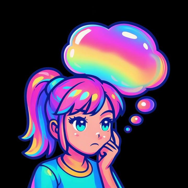 Illustrazione animata di una ragazza pensierosa con una nuvoletta di pensiero arcobaleno